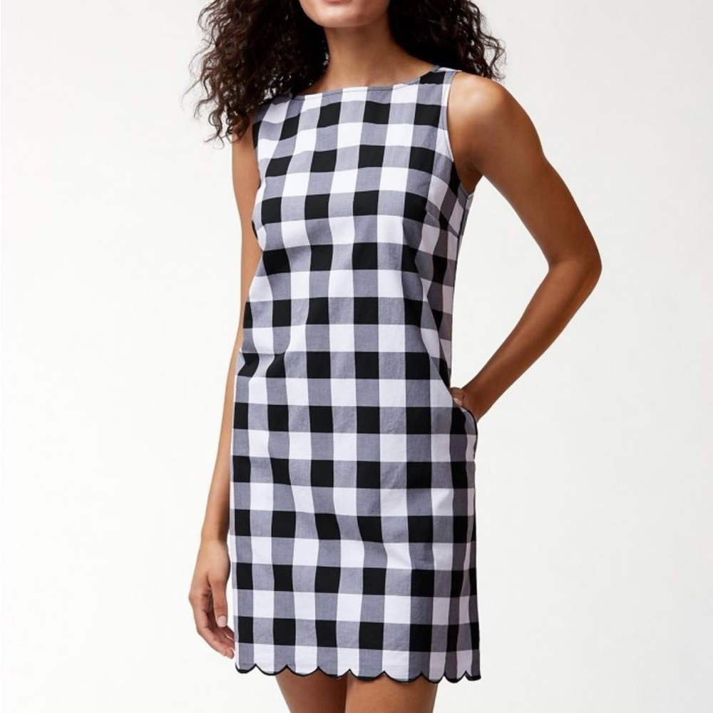 Adrianna Papell Women Black White A-line Mini Dress sz 14 Check Plaid Gray White